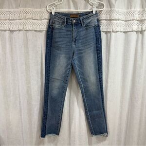 Judy Blue High Waist Vintage Wash Side Panel Detail & Hi-Lo Fray Hem Slim Jeans